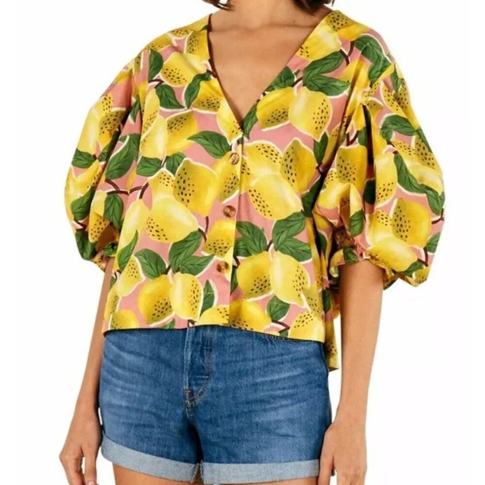 FARM RIO Fresh Lemons Puff Sleeve V Neck Button Front Blouse Size S